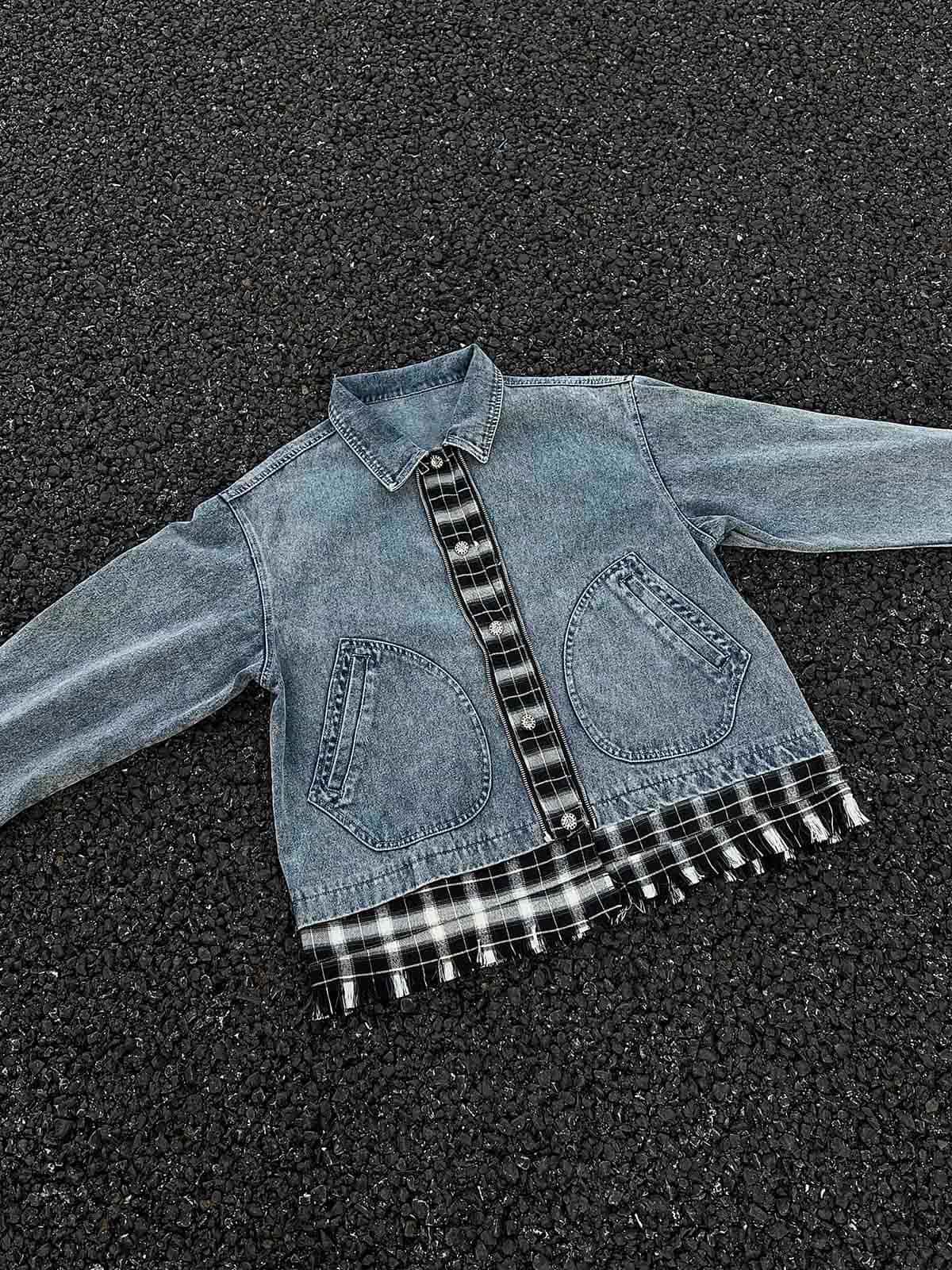 Jaqueta Pavtros Washed Distressed Patchwork Faux Two-Piece Denim - foto 3