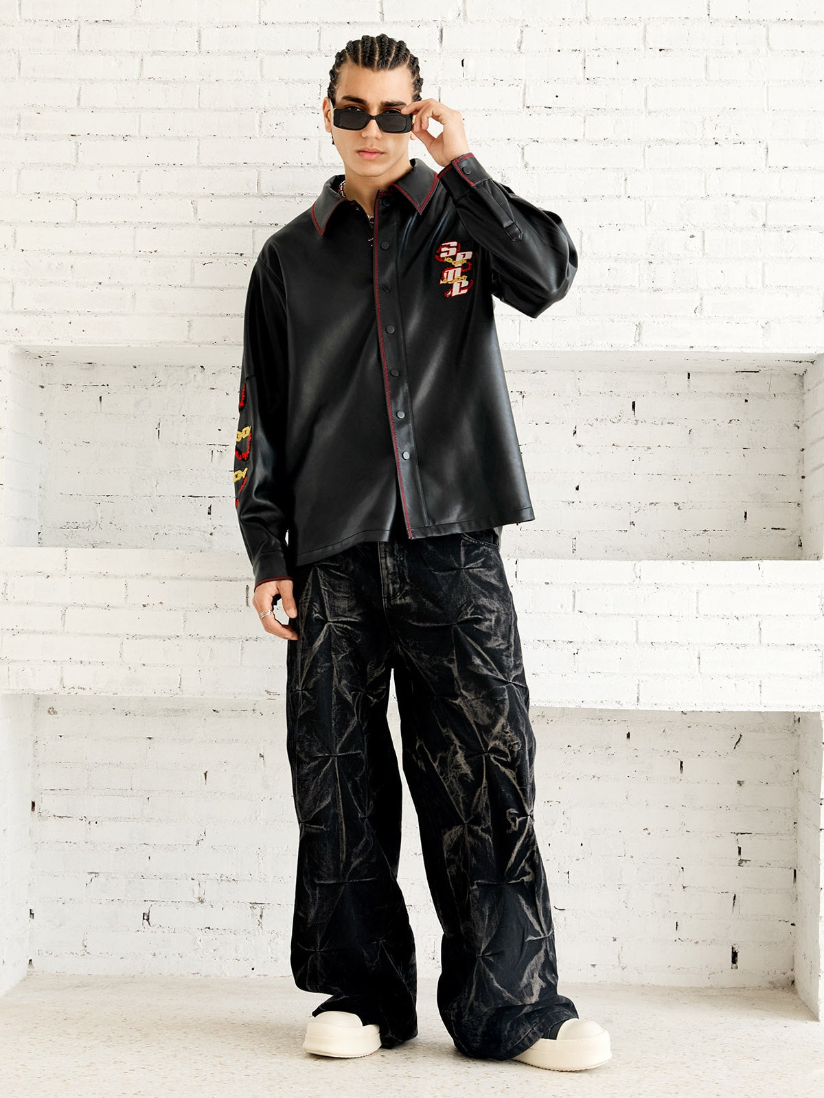 Calça Pavtros Heavy Washed Distressed Pleated Baggy Jeans