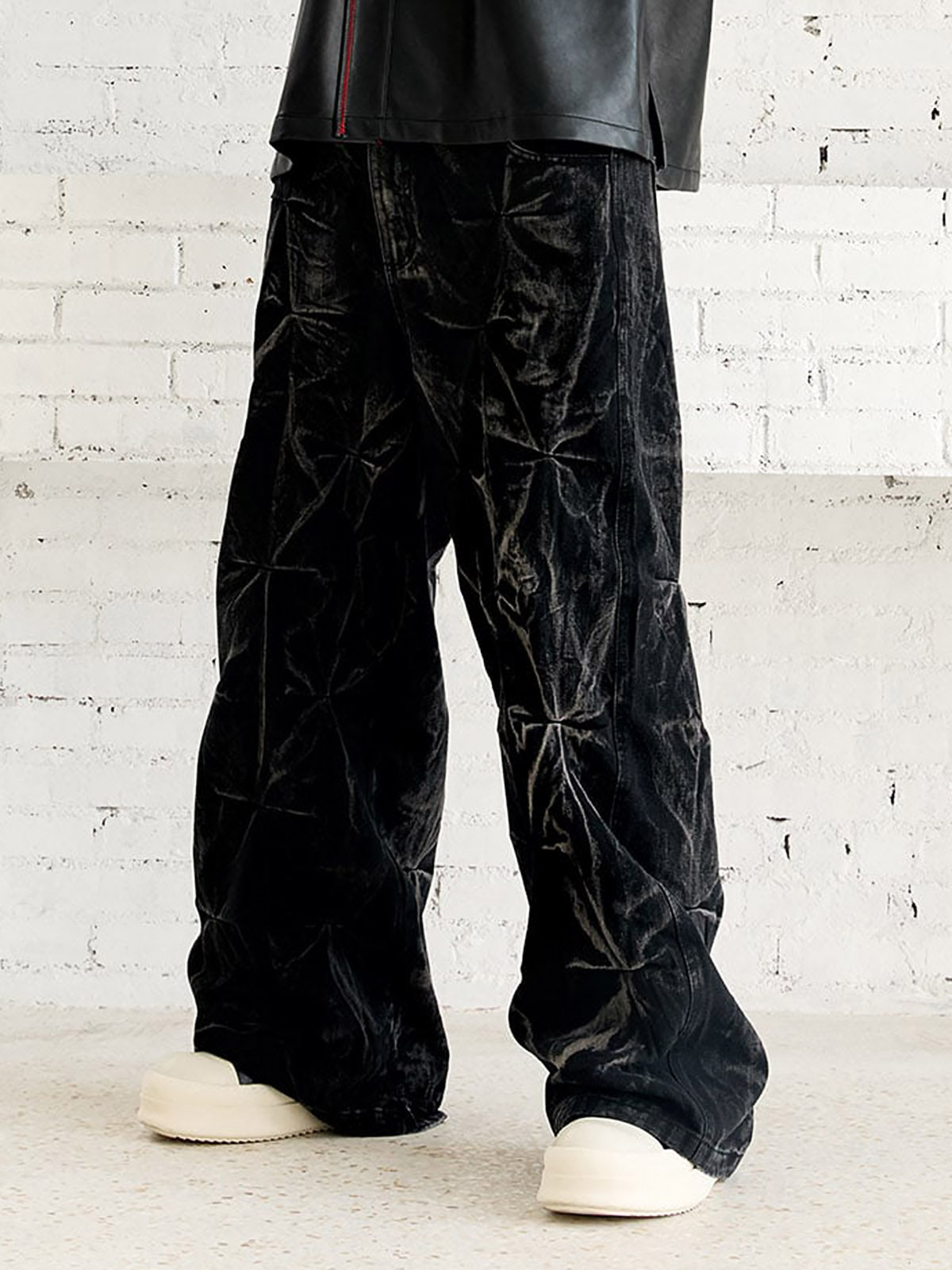Calça Pavtros Heavy Washed Distressed Pleated Baggy Jeans