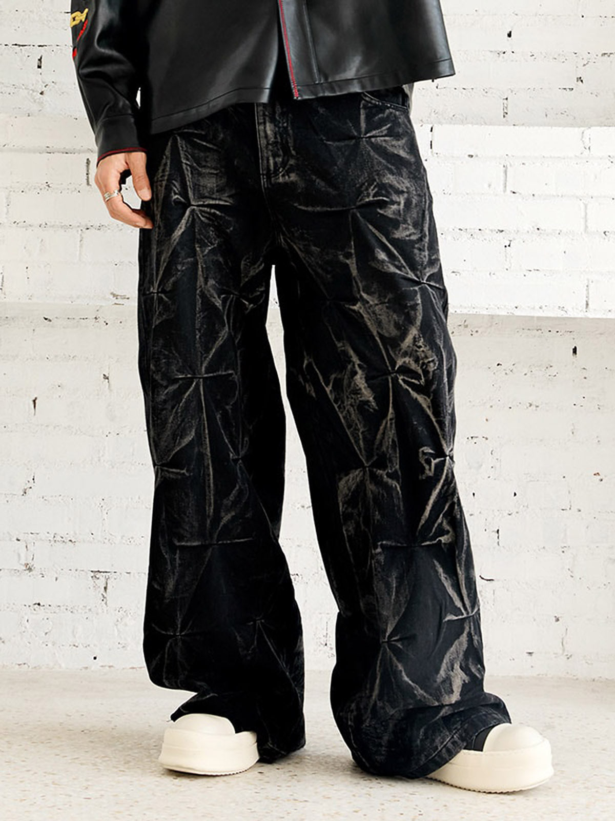 Calça Pavtros Heavy Washed Distressed Pleated Baggy Jeans