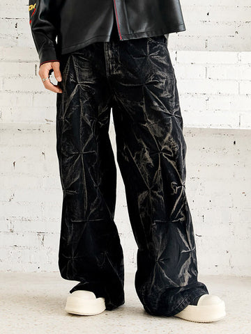 Calça Pavtros Heavy Washed Distressed Pleated Baggy Jeans