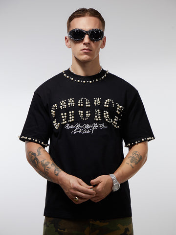 Camiseta Pavtros Elegant Pearl-Embellished Oversized